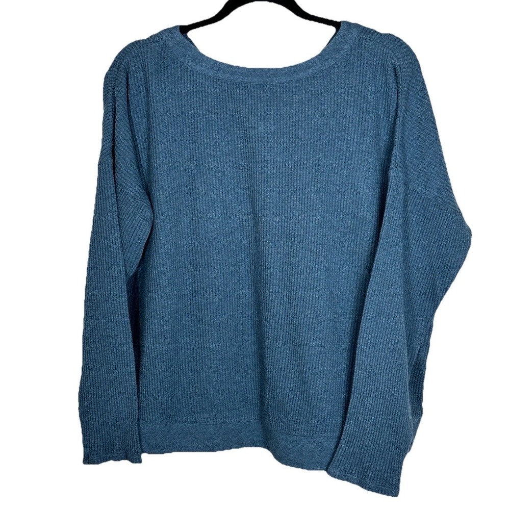 J jill‎ Women's Med Back V-neck Waffle Knit Pullover Blue Sweatshirt 100% Cotton